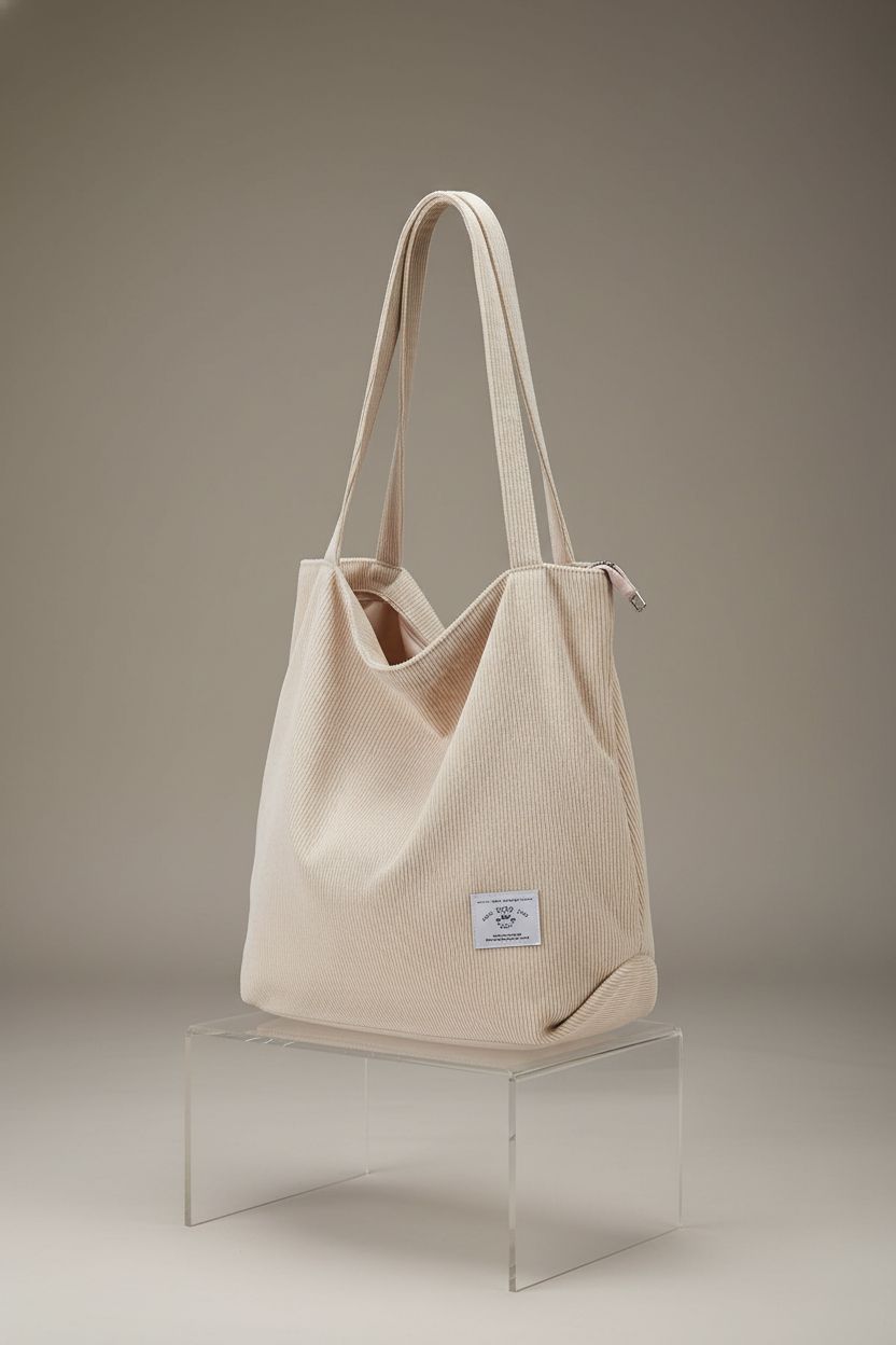 KALIDI cream white corduroy tote bag on a minimal display, highlighting its stylish design and details