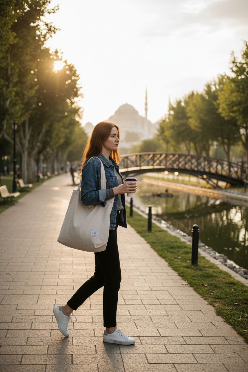 KALIDI cream white corduroy tote bag in a park setting, showcasing relaxed shape and texture
