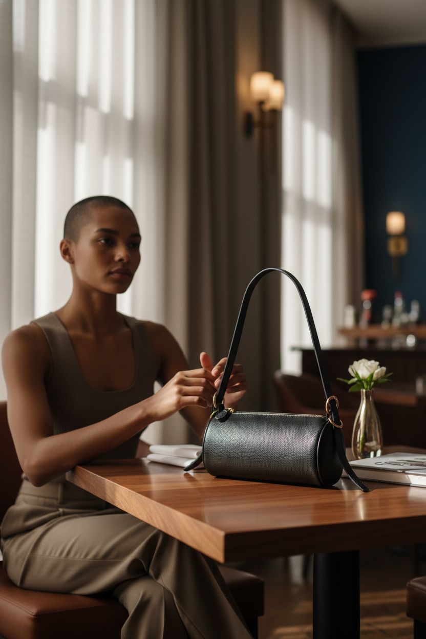 The Drop Miri Barrel Bag on a walnut table near a single-stem vase and design book in a boutique hotel lounge.
