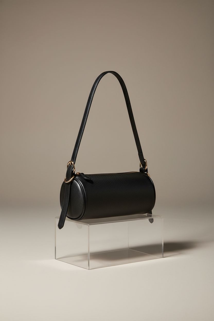 The Drop Miri Barrel Bag in black pebble leather showcased on a soft gray backdrop with elegant shadow.