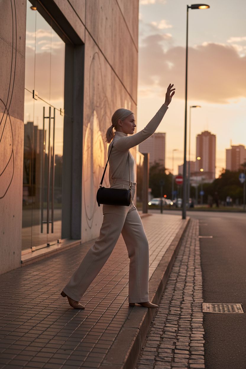 The Drop Miri Barrel Bag swinging from a forearm against light oat-beige trousers, glowing streetlights in view.
