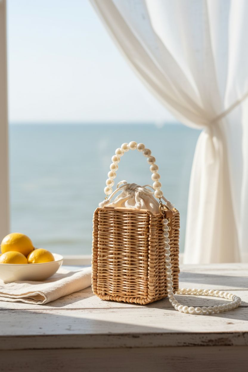 Eorbow Pearl Basket Bag on a table with lemons, showcasing its handwoven texture