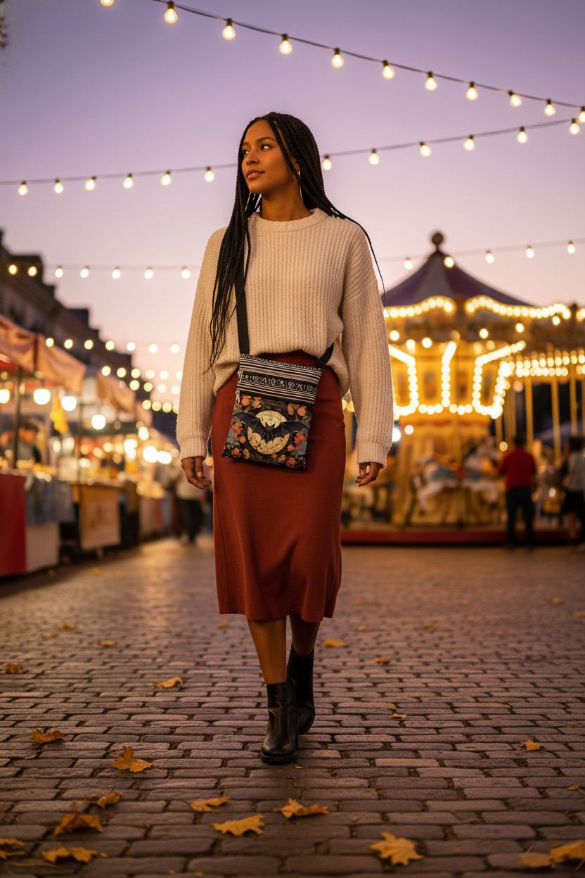 LiuenMgg bat print crossbody bag worn with a rust skirt at a twilight street fair, exuding a fun vibe.