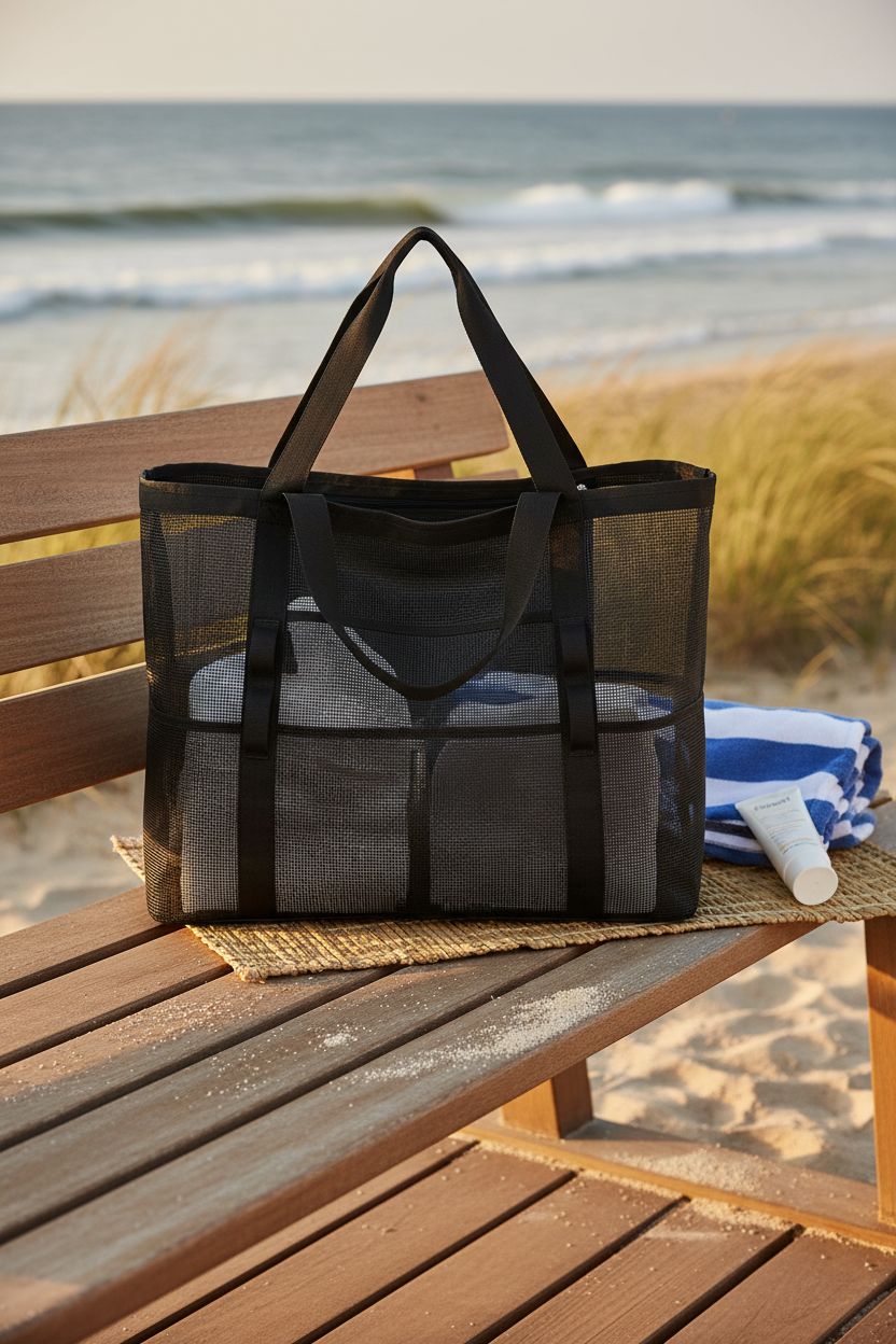 Fammart mesh beach tote on a teak bench, with a towel and sunscreen in a coastal setting.