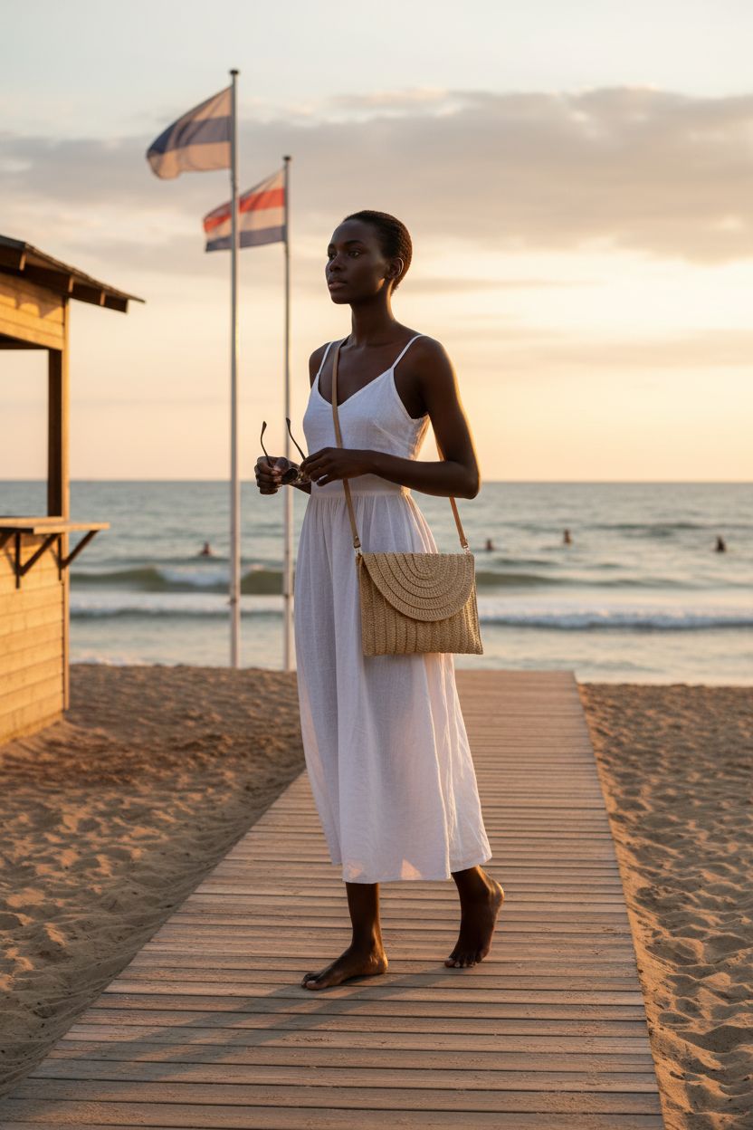 COOKOOKY light brown straw clutch handbag on a beach boardwalk, perfect for summer outings.
