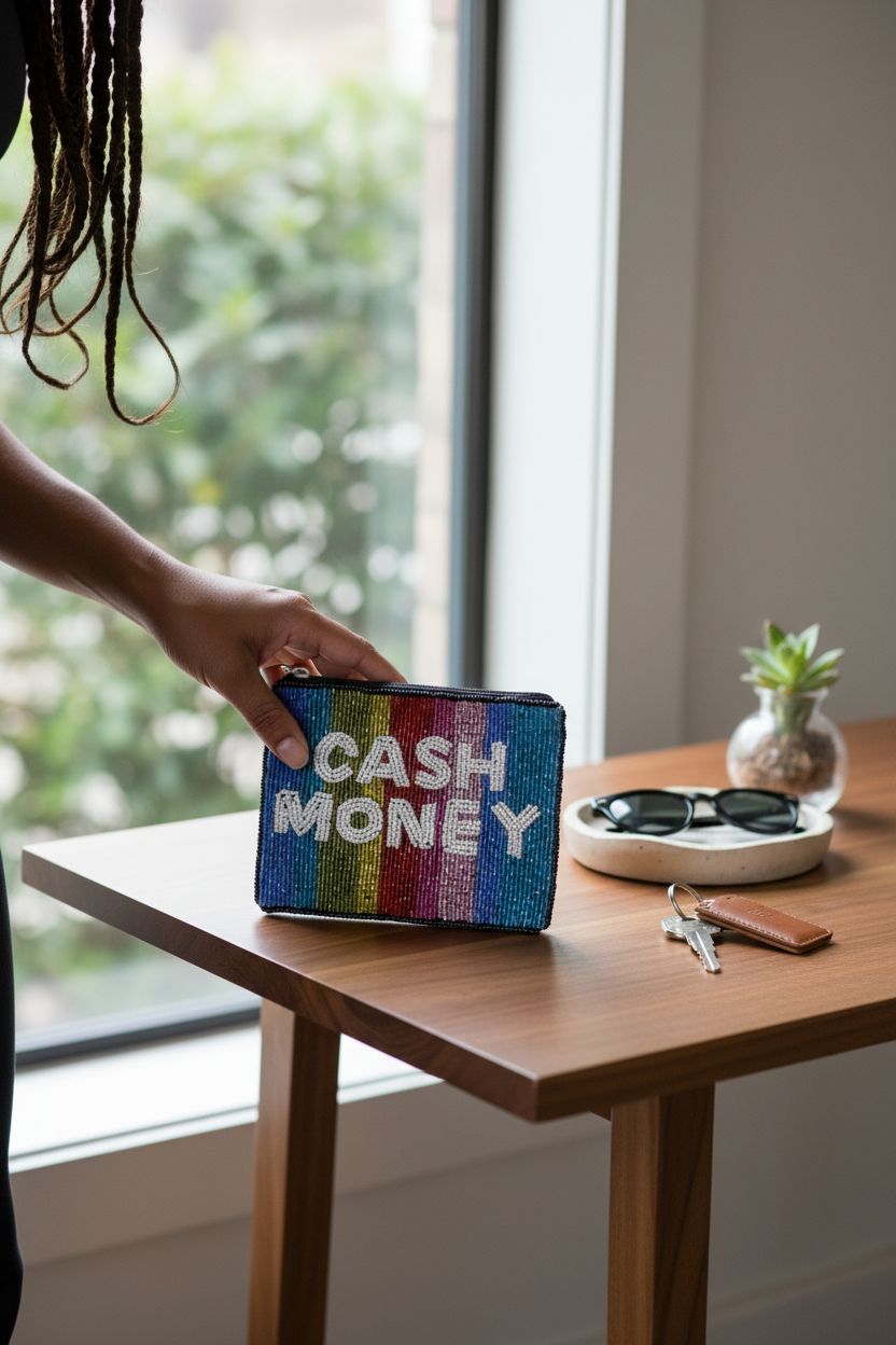 TWINE AND LOVE cash money beaded pouch on a console, ready for a stylish outing.