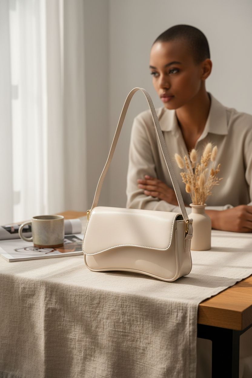 onhtit beige bag resting on a linen table, creating a cozy, serene atmosphere