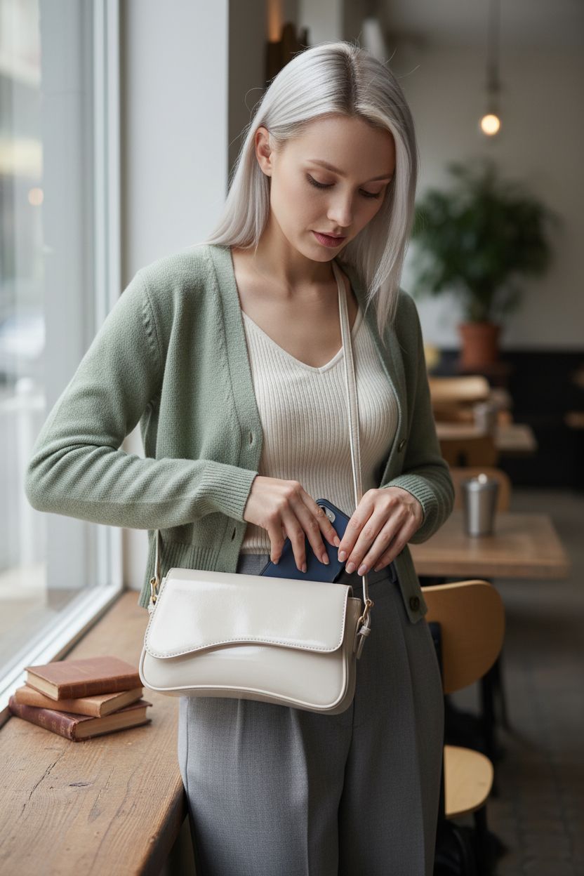 onhtit beige bag worn crossbody, ideal for coffee shop visits and casual looks
