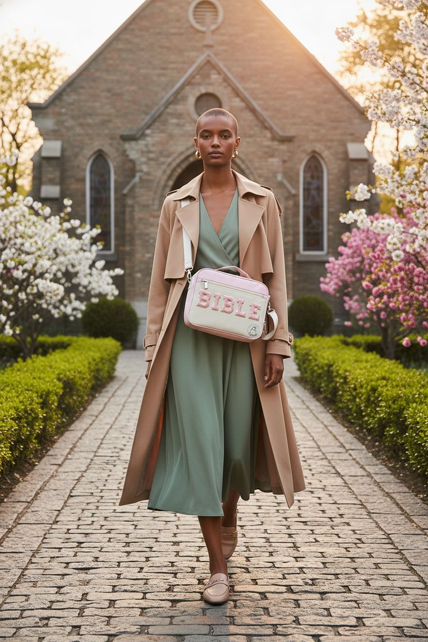 PLOZANO pink chenille Bible purse bag showcased in charming outdoor setting