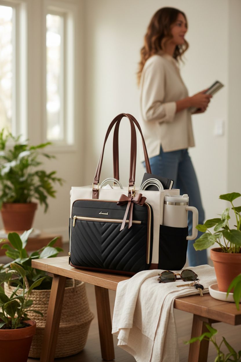 LOVEVOOK tote bag on wooden bench with planner and charger, perfect for daily organization