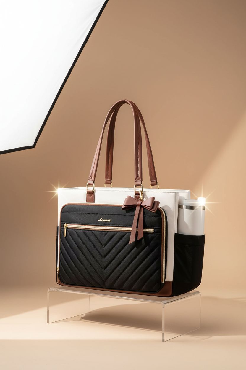 LOVEVOOK Teacher Tote Bag showcasing quilting and cup holder in studio setting