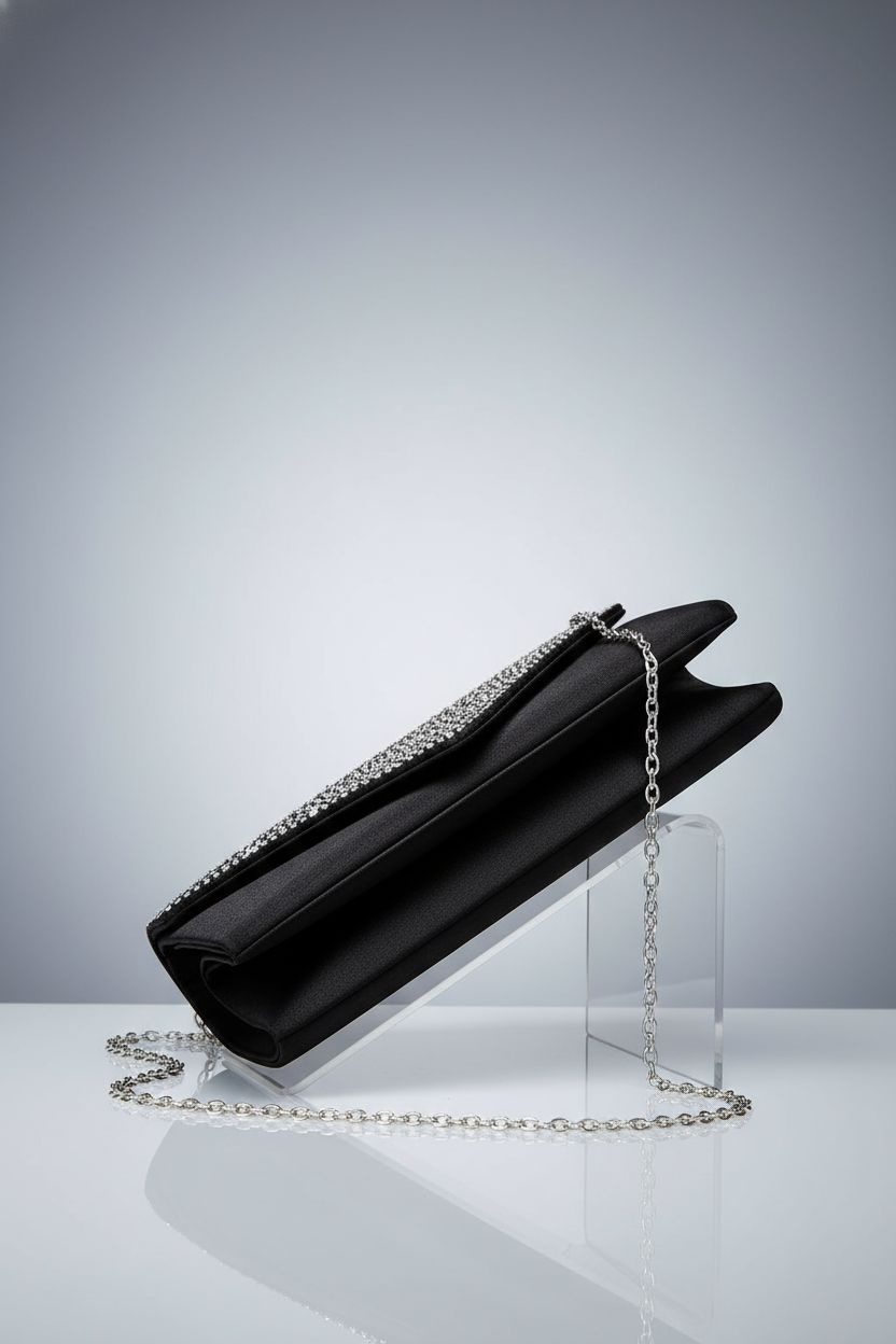 BBjinronjy black and silver clutch purse displayed on acrylic base, showcasing its design