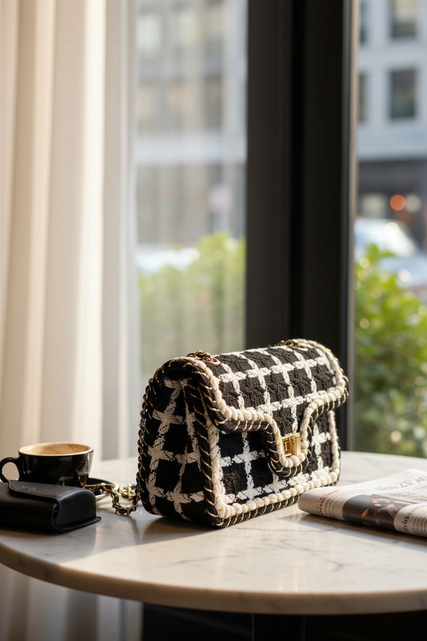 ModaBay crossbody bag on a marble table in a café, paired with espresso and sunglasses