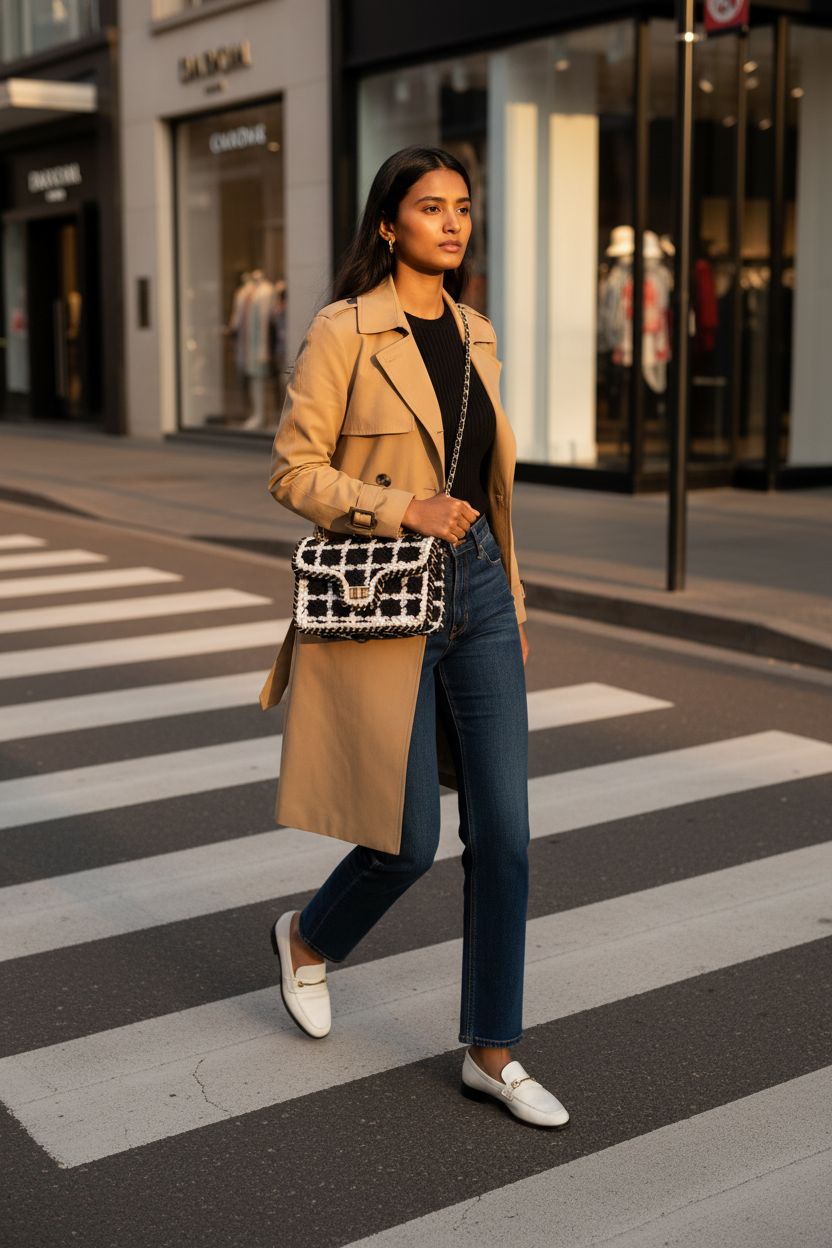 ModaBay checkered crossbody bag in motion, matching street patterns in black and white