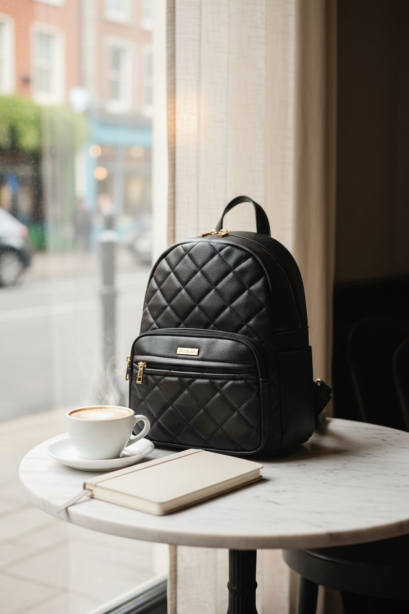Marvolia black quilted backpack purse on marble table with coffee and notebook