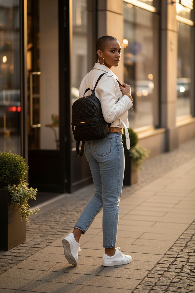 Marvolia black quilted backpack purse against a vibrant shopping district backdrop