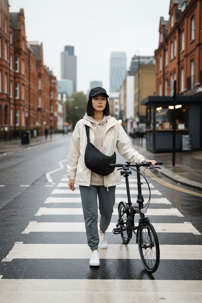 Iioscre black crossbody bag worn in the rain, highlighting its lightweight and practical design.