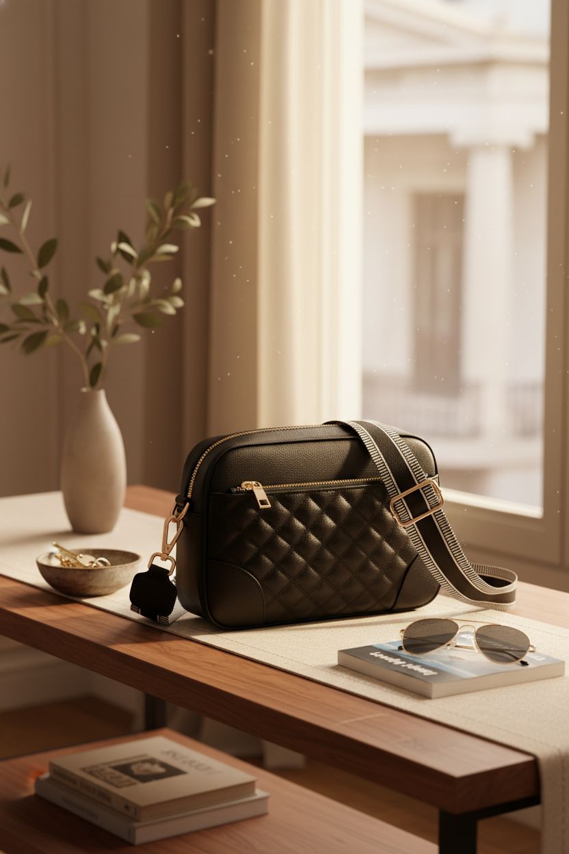 Elegant black crossbody purse by FYY, styled with a warm home setting