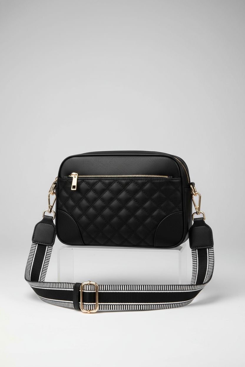 FYY black quilted crossbody bag showcasing vegan leather and gold trim