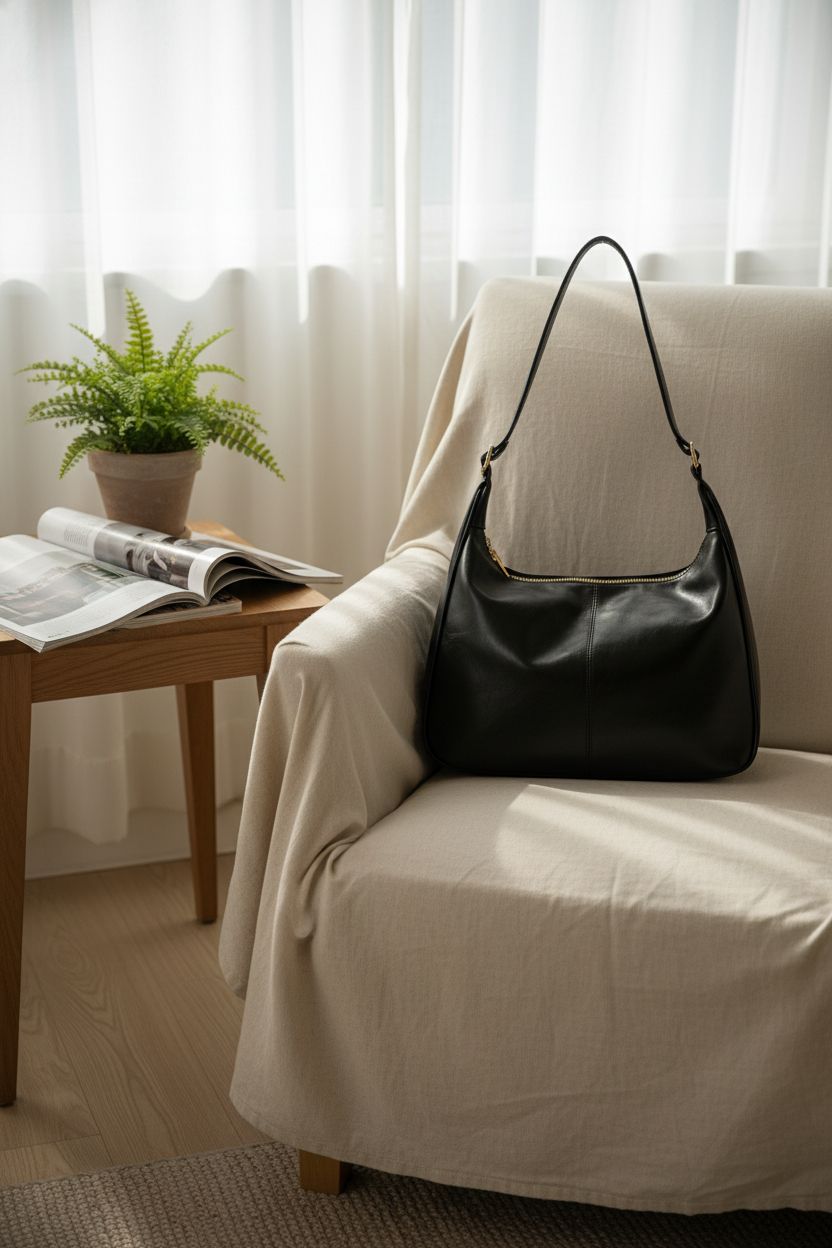 Cozy scene with black Sightor hobo bag resting on armchair, highlighting its soft vegan leather.