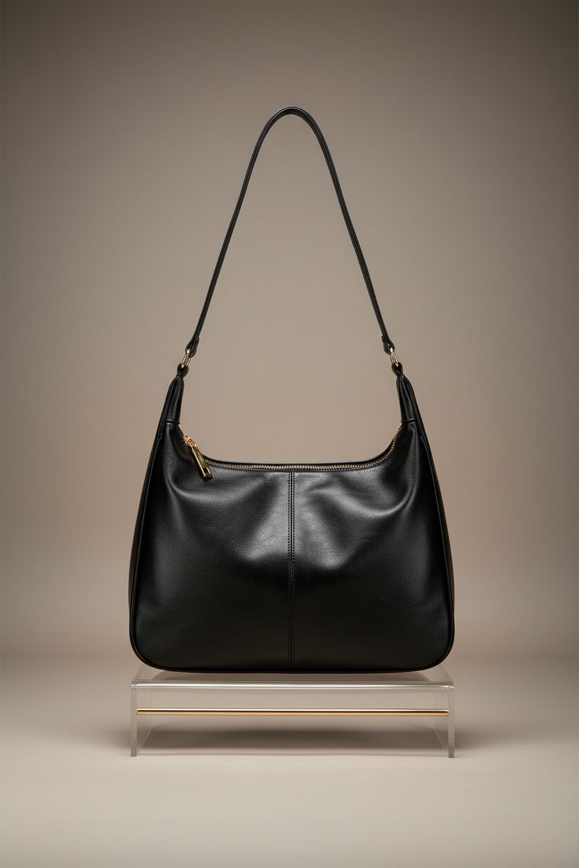 Elegant black Sightor hobo bag displayed on acrylic riser, emphasizing its sleek design and quality.