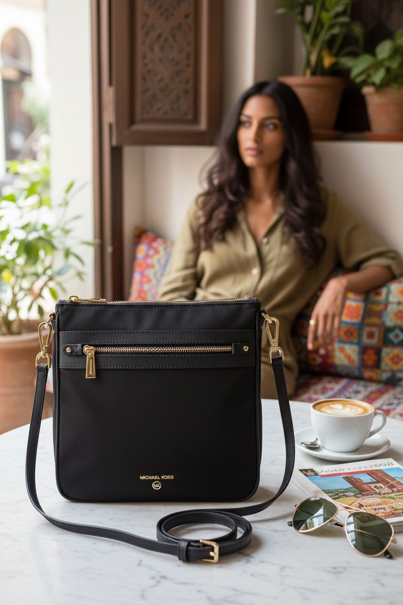 Michael Kors black leather purse on a marble table, set in a cozy café atmosphere