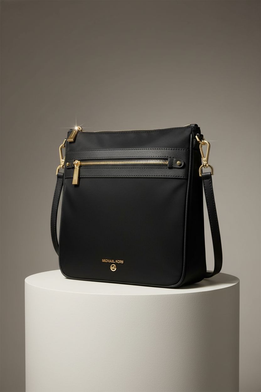 Product shot of Michael Kors Jet Set Charm black leather crossbody bag with gold-tone hardware