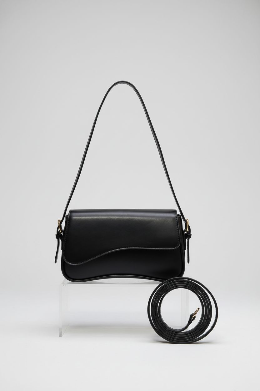 Amszke black mini purse showcased on acrylic riser against light gray background.