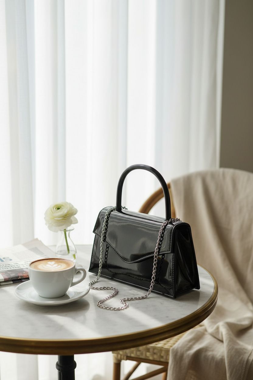 Milisente black patent leather purse elegantly placed on a café table with soft morning light.
