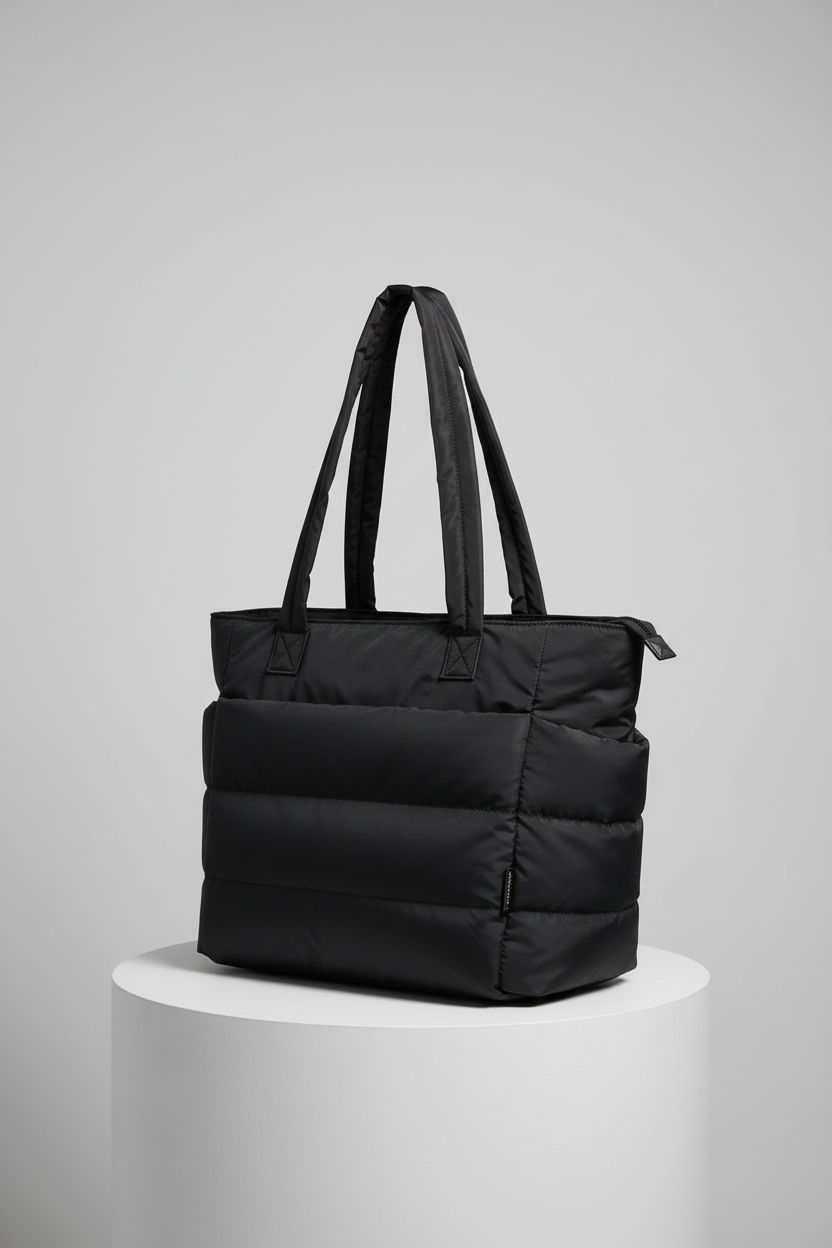 BAGSMART black shoulder bag displayed on a pedestal, highlighting its quilted design and features.