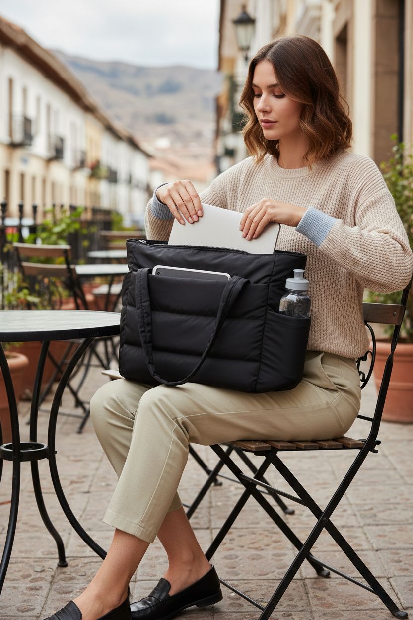 BAGSMART black shoulder bag in a cafe setting, showcasing padded compartments and organization.