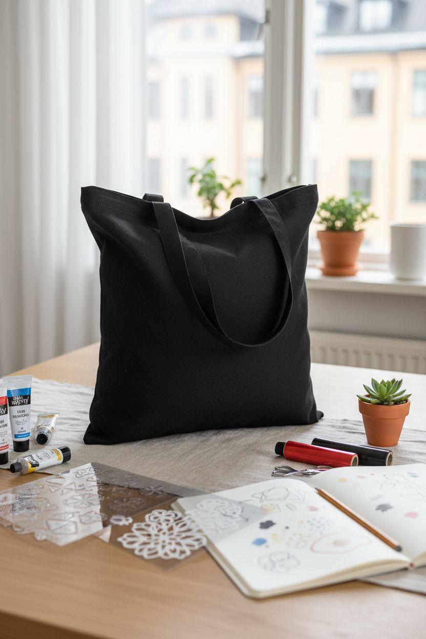 Zenloria black tote bag in a cozy craft nook with art supplies