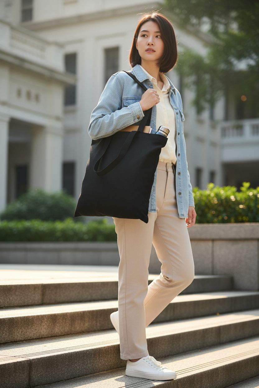 Zenloria black tote bag with notebooks and a reusable bottle on campus