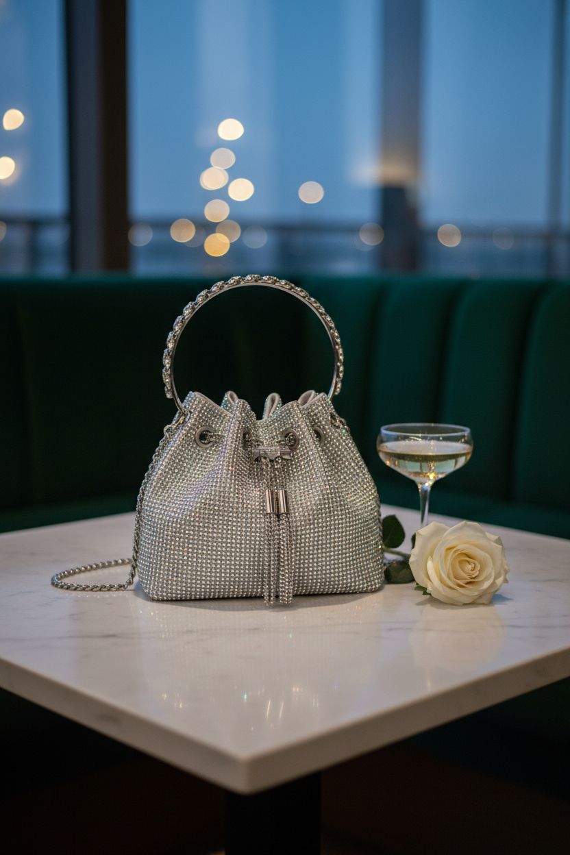 Sweetovo rhinestone purse on marble tabletop in a stylish lounge ambiance.
