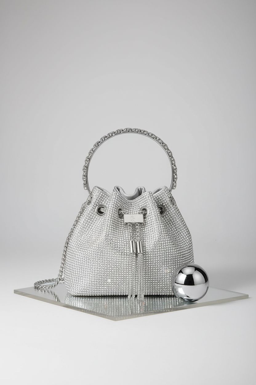 Sweetovo rhinestone bucket bag showcased on a mirrored riser for elegance.