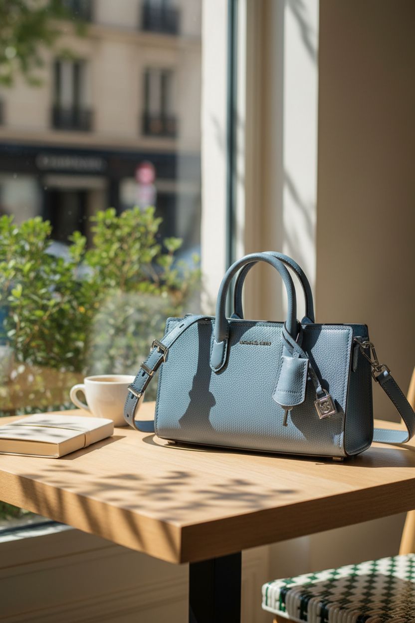 Michael Kors blue designer bag on a sunlit café table with ceramics and greenery