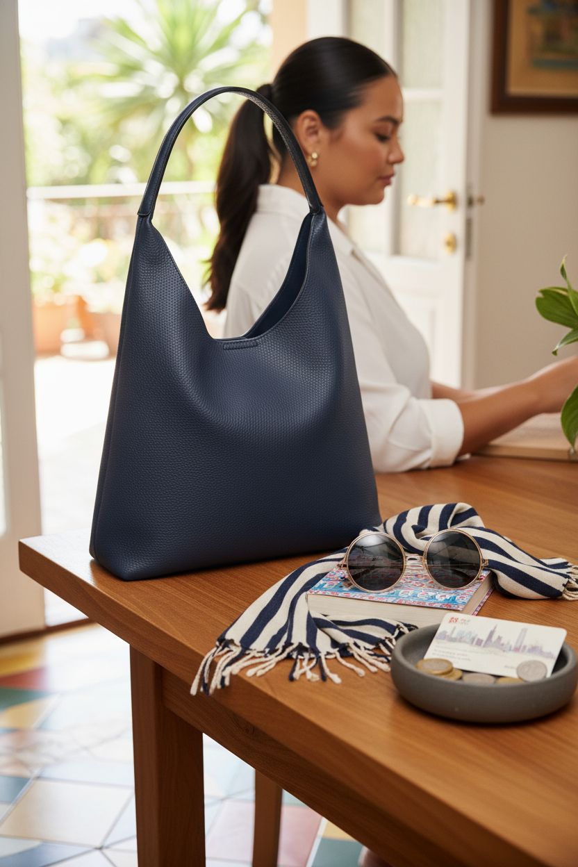 HOXIS navy hobo bag on an oak console, styled with accessories in natural light