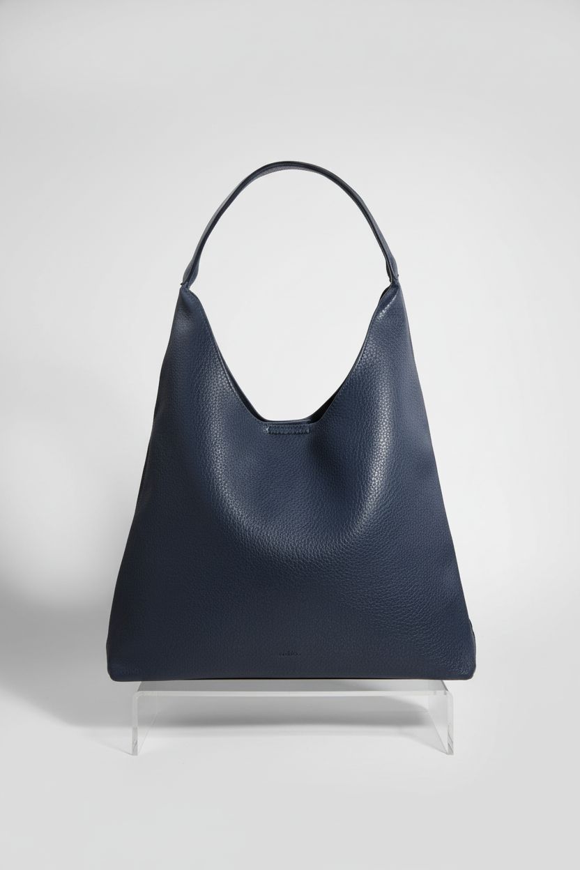 Product shot of HOXIS navy hobo bag showcasing vegan leather and details