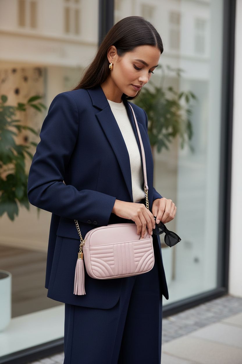 EVVE blush quilted crossbody bag showcased with tassel in stylish outdoor setting