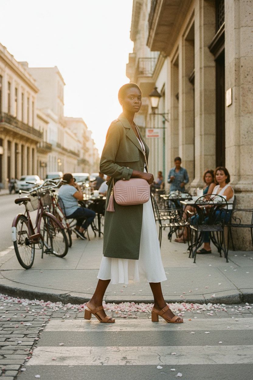 EVVE blush crossbody bag worn while strolling in vibrant spring city streets