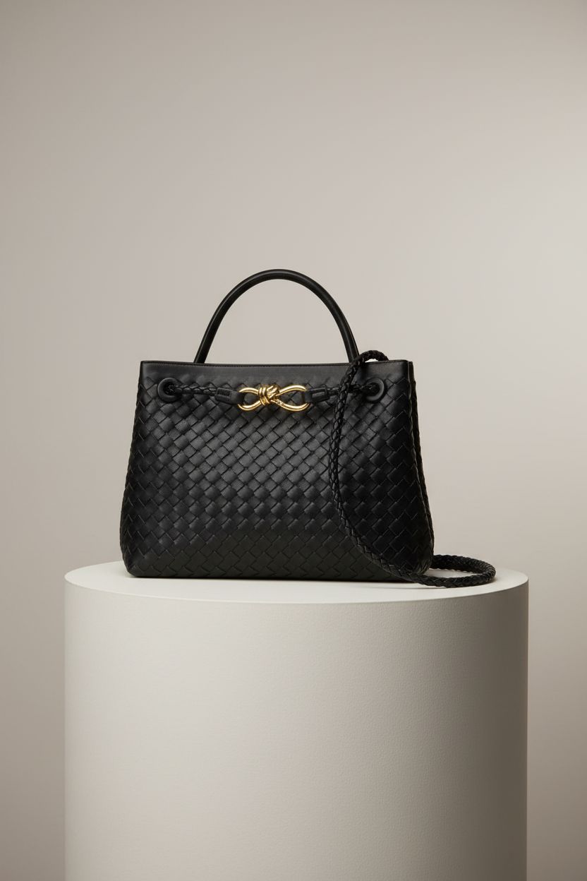 Elegant BOYATU black woven tote bag showcased on a gray pedestal.