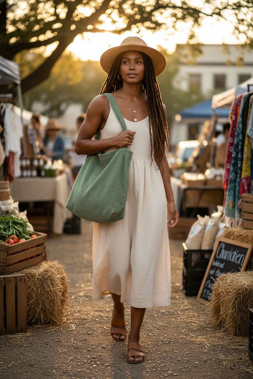 ALUWU light green corduroy tote bag showcased at a vibrant farmers market, exuding boho style.