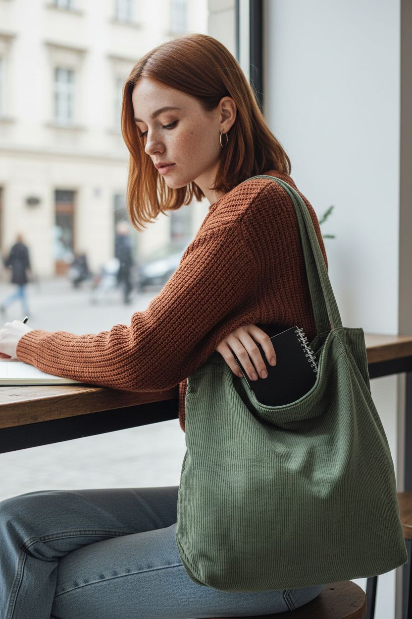 ALUWU light green corduroy tote bag elegantly displayed in a cozy café setting, perfect for daily use.