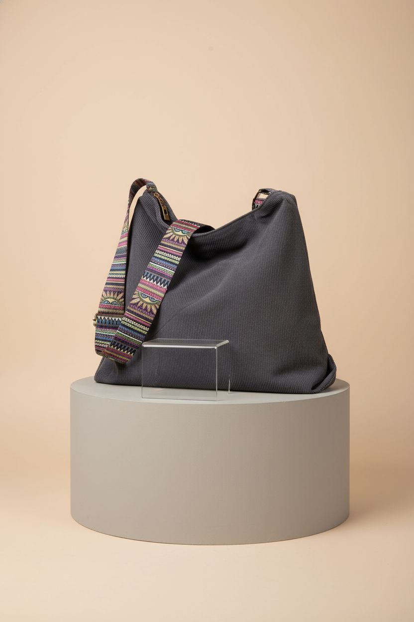 Close-up of JARKJARD grey corduroy boho crossbody bag highlighting its quality and design features.