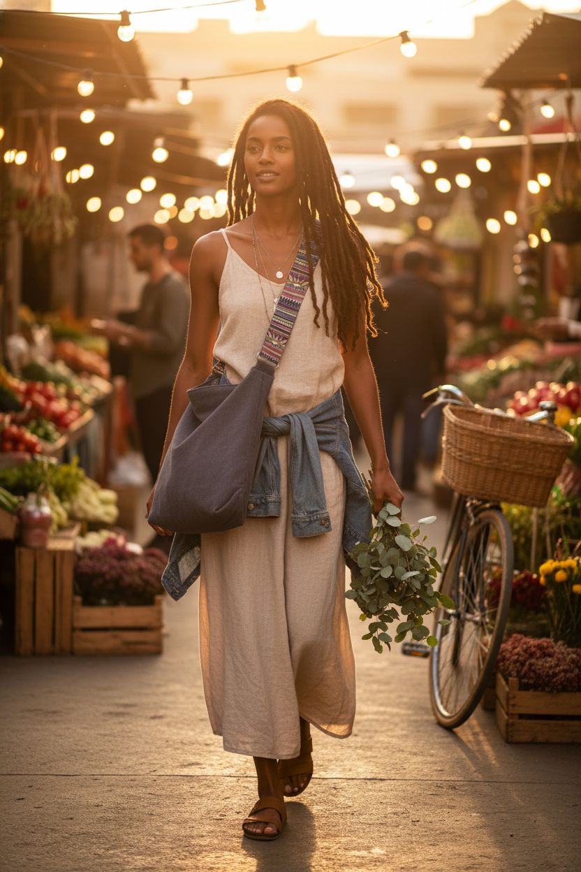 JARKJARD boho crossbody bag in grey corduroy at a vibrant market, showcasing its casual style.