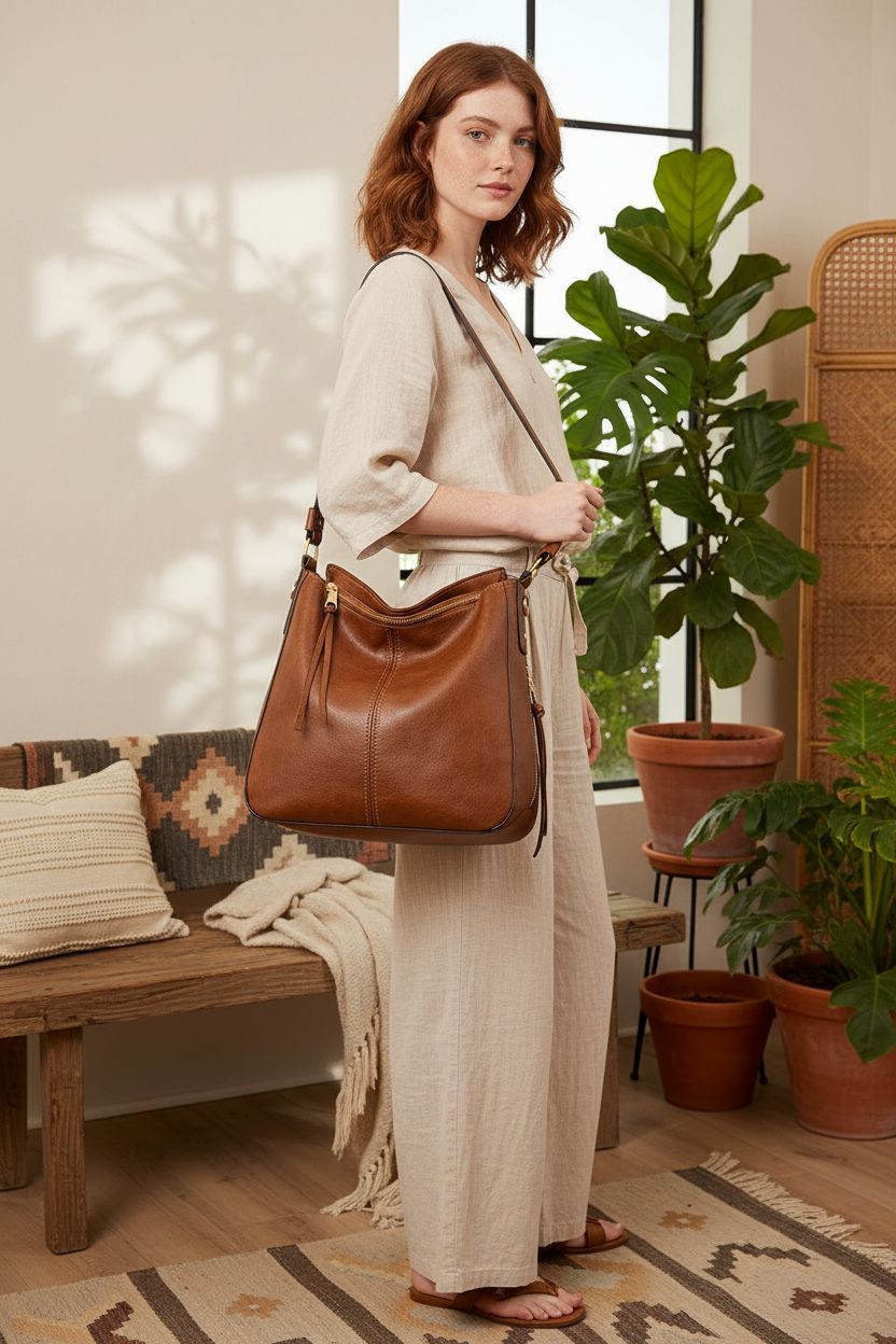 Cozy boho living room with Realer hobo bag, highlighting its textured faux leather and warm hues.