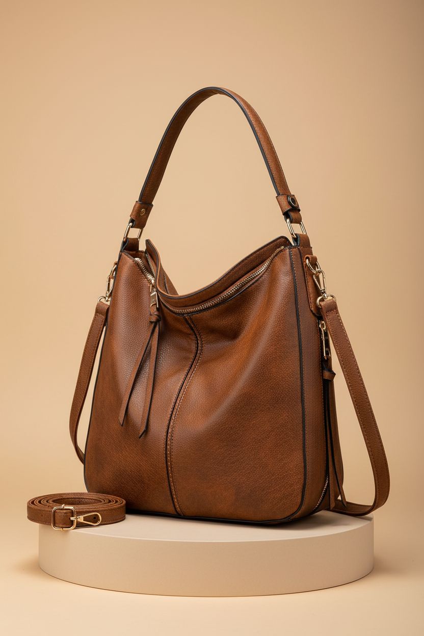 Realer bucket purse on a sand pedestal, showcasing its stylish design and quality craftsmanship.