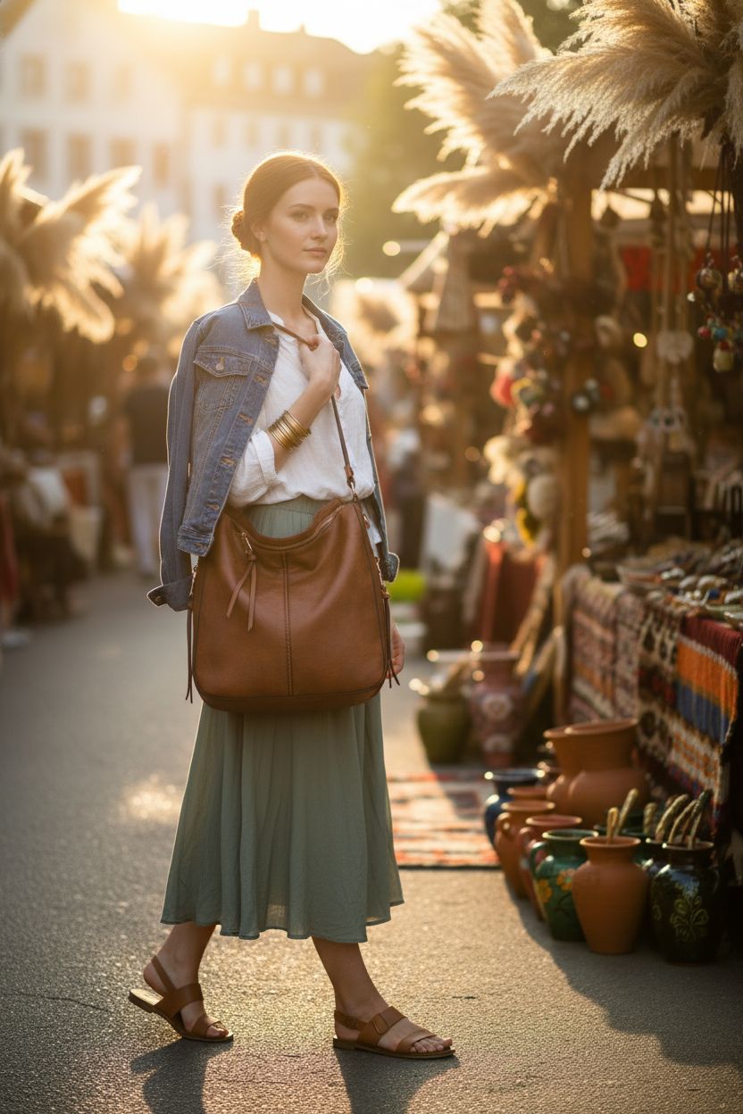 Warm cognac Realer hobo bag with tassel at a boho flea market, perfect for stylish outings.