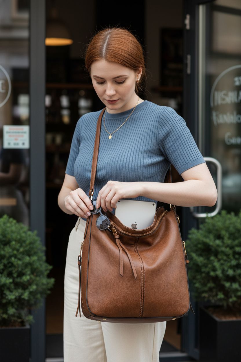 Realer faux leather hobo bag at a leafy café, showcasing its spacious design and chic details.