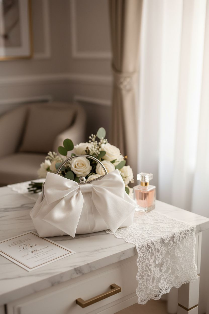 Elegant Verdusa bow purse on marble vanity with flowers and perfume, ideal for bridal occasions.